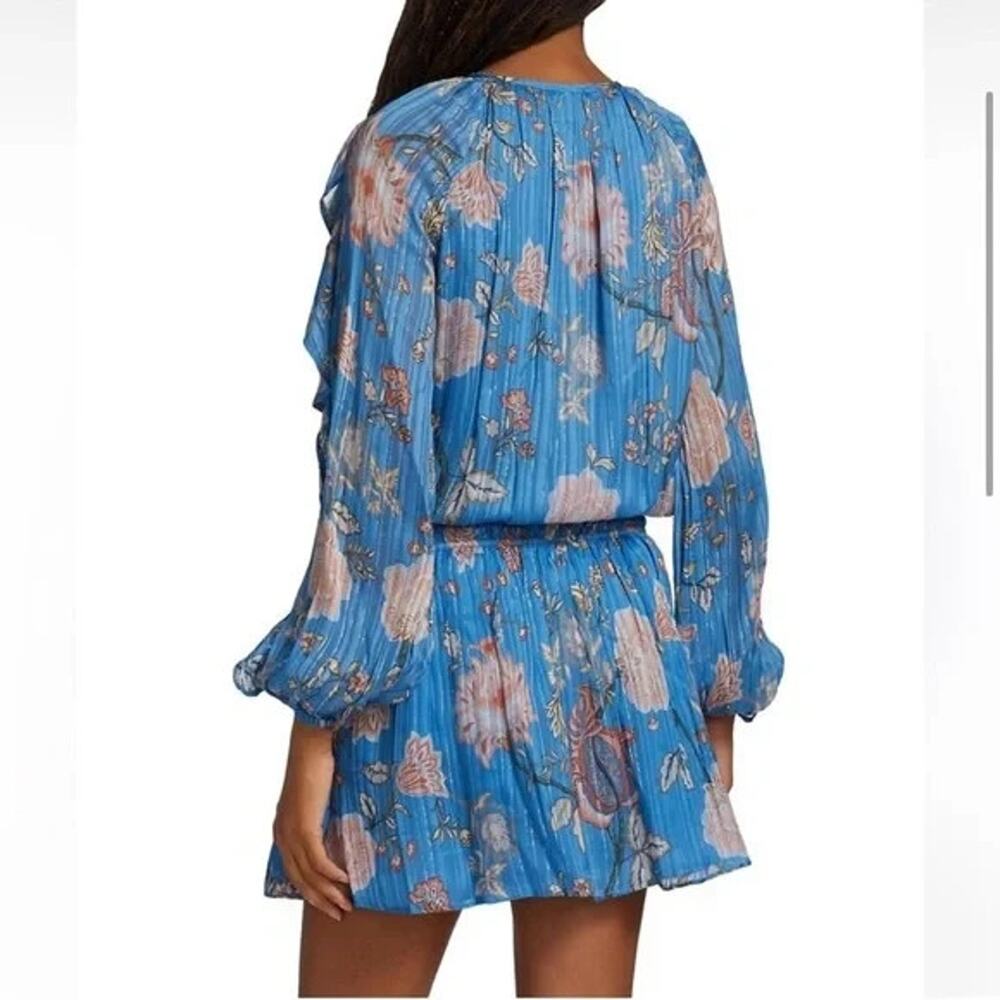 Ramy Brook Printed Hamilton Long Sleeve Mini Blouson Dress Blue Floral Ruffled M - Picture 2 of 12